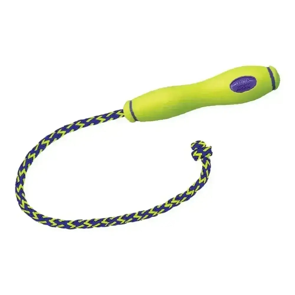 KONG Air Fetch Stick On Rope with lime green zigzag toy and ergonomic handle