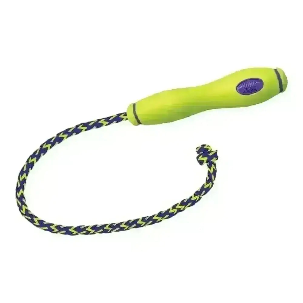 KONG Air Fetch Stick On Rope with lime green zigzag toy and ergonomic handle