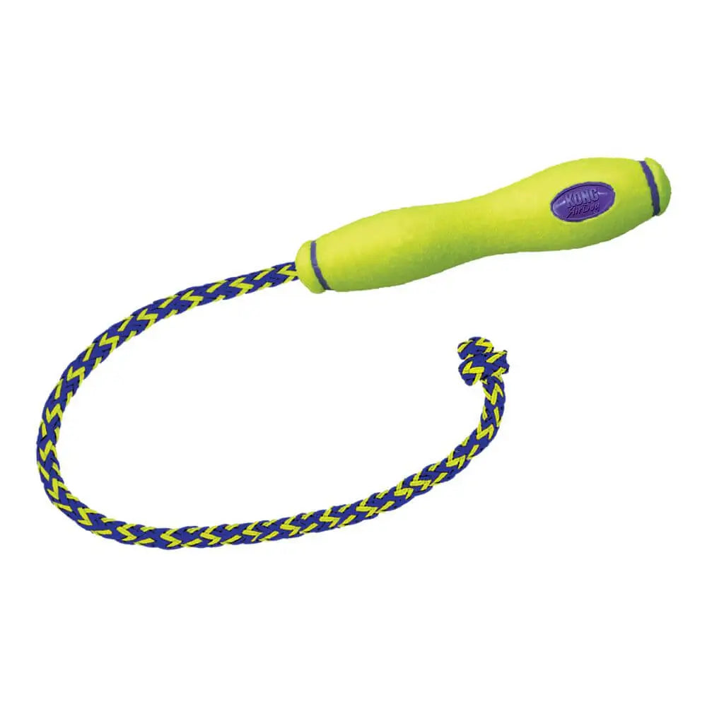 KONG Air Fetch Stick On Rope with lime green zigzag toy and ergonomic handle