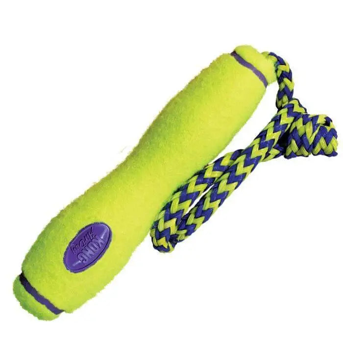 KONG Air Fetch Stick neon green fuzzy tennis ball toy with purple lime rope