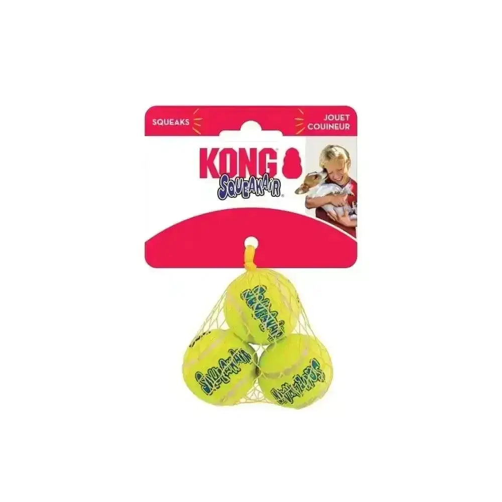 KONG Air Squeaker Tennis Ball with yellow design, green text, pink packaging