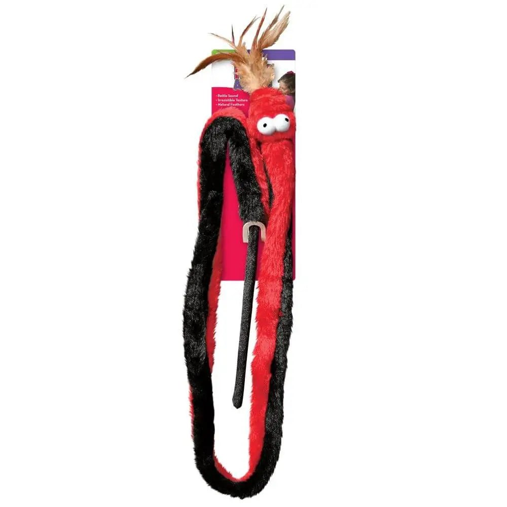 KONG red black plush snake teaser toy with feathered tail for active play