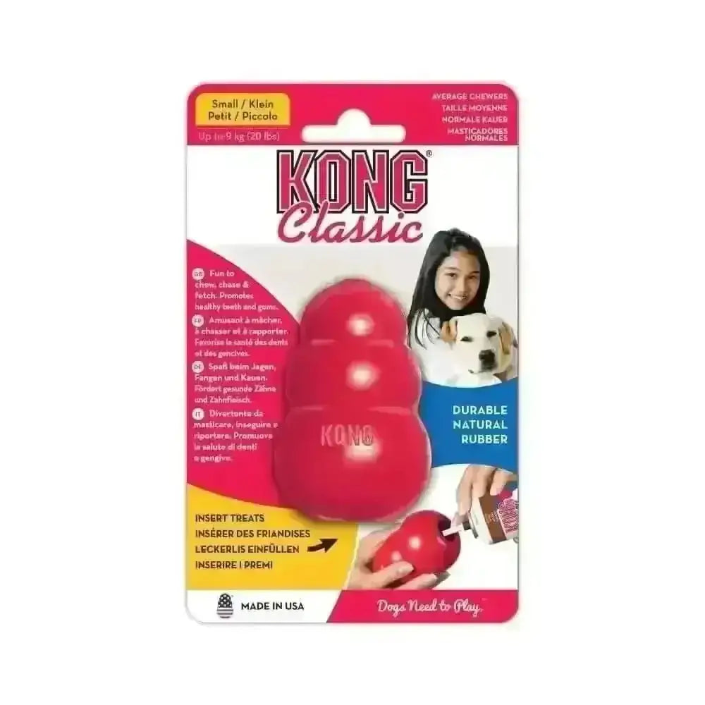 Red kong classic dog toy made of durable natural rubber with a playful design featuring the brand’s logo.