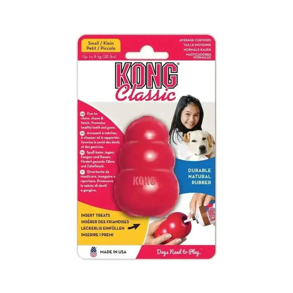 Red kong classic dog toy made of durable natural rubber with a playful design featuring the brand’s logo.