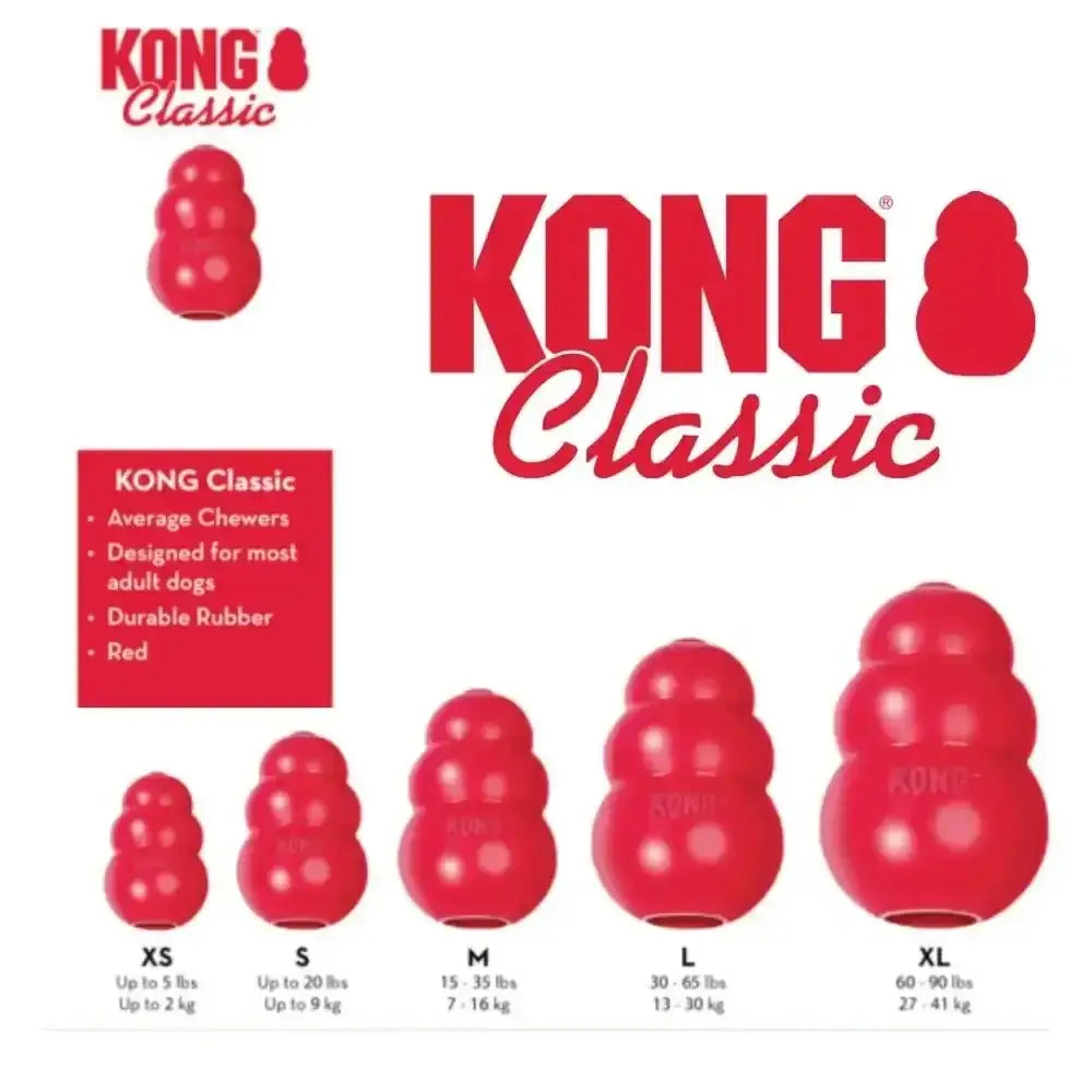 KONG Classic red rubber dog toy in durable formula, sizes XS to XL
