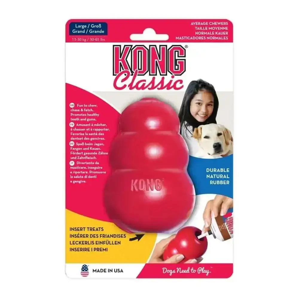 Red kong classic dog toy made of durable natural rubber with a large size and chewable texture.