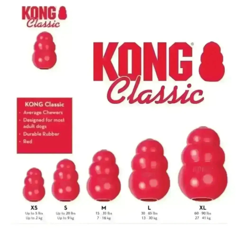 KONG Classic red rubber dog toy in durable formula, sizes XS to XL