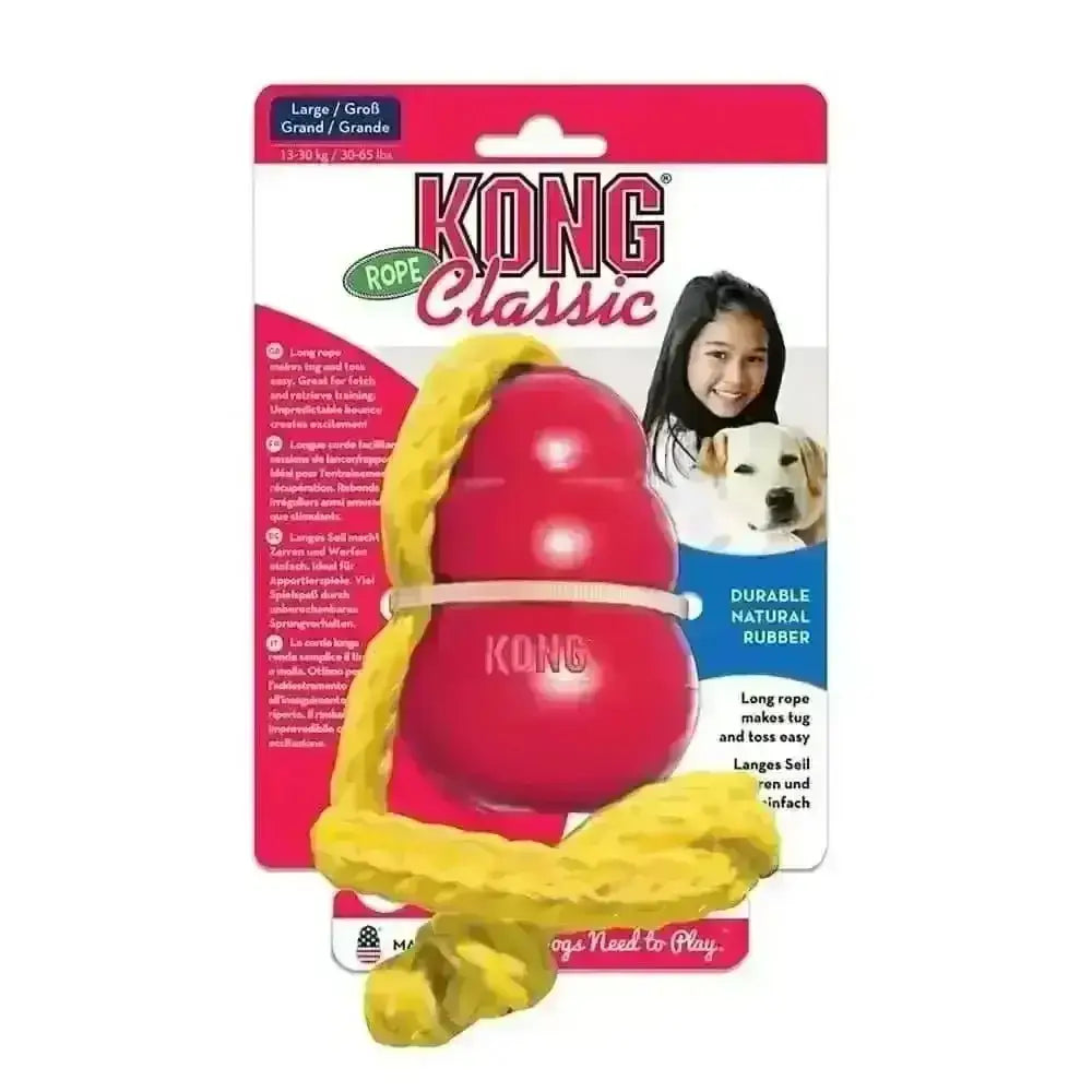 KONG Classic red rubber dog toy with yellow rope and unpredictable bounce