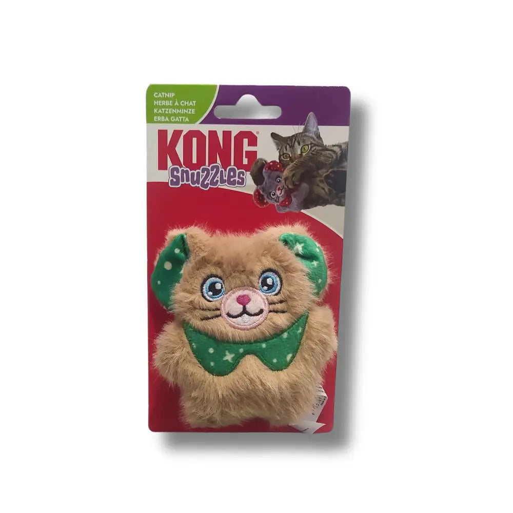 KONG Snuzzles cat toy packaging with a plush cat on a white background