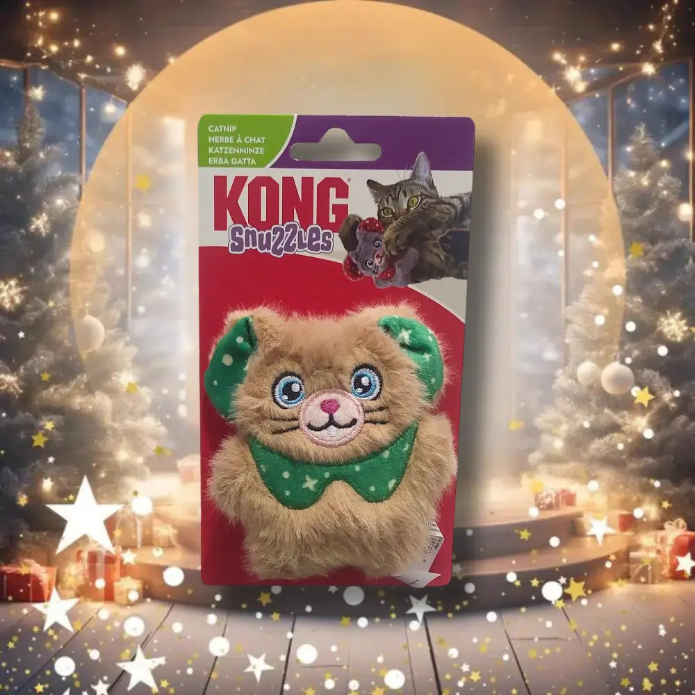 KONG Snuzzles cat toy packaging with a festive background