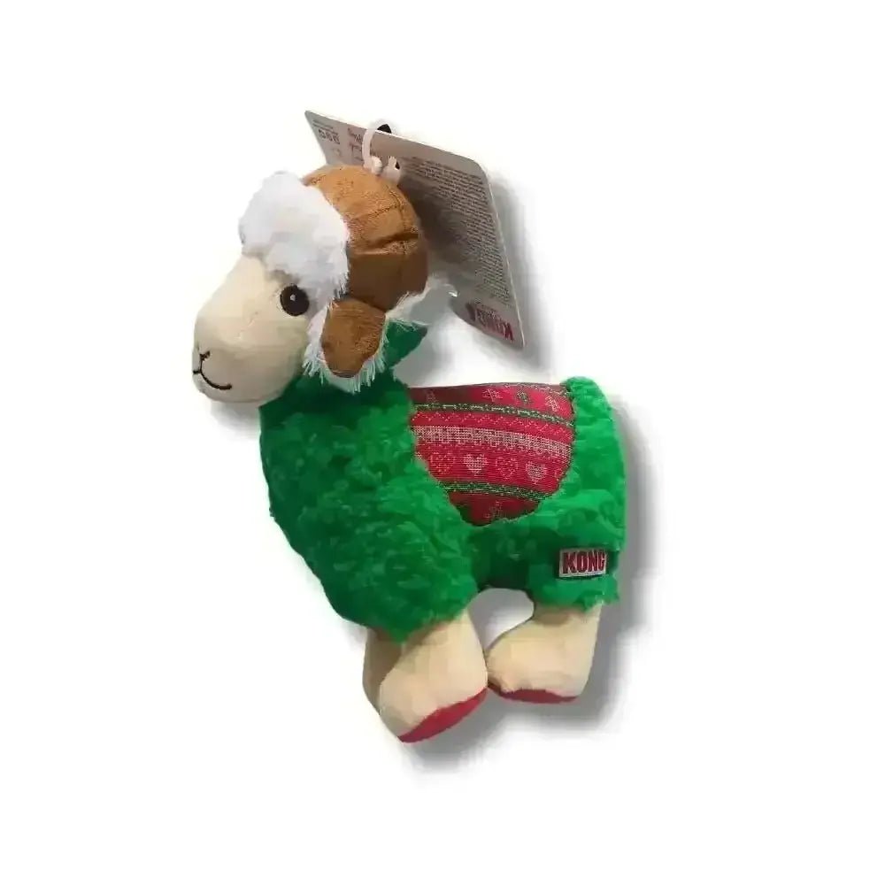 KONG Holiday Sherps Llama green plush toy with red accents and holiday sweater