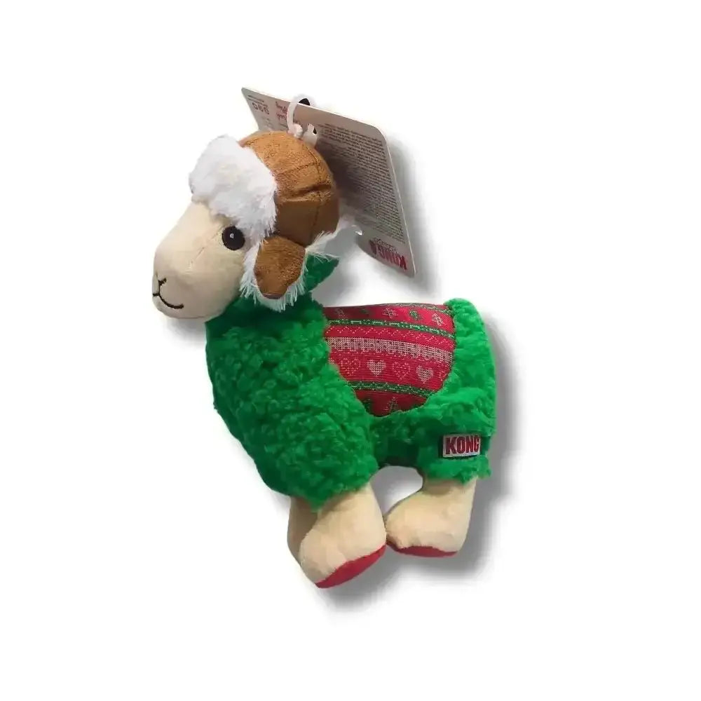 KONG Holiday Sherps Llama green plush toy with red accents and holiday sweater