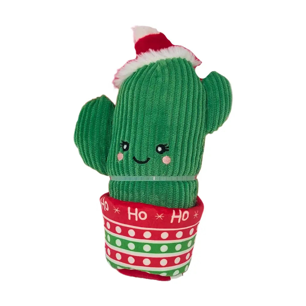 KONG Holiday Wrangler Cactus: Green plush toy in polka dot pot with Santa hat