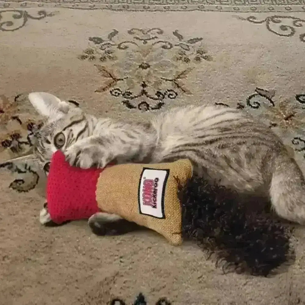 KONG Kickeroo Cuddler with extreme squirrel toy in red brown fur-like burlap
