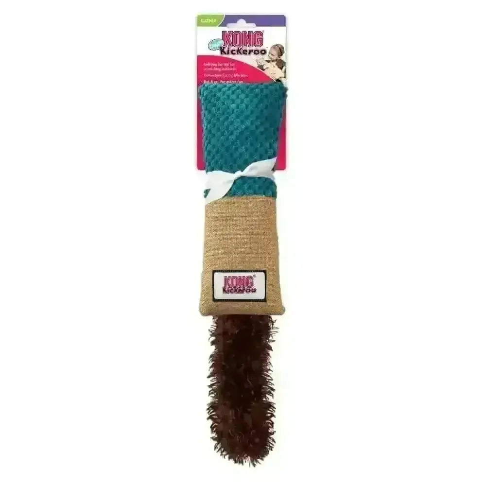 KONG Kickeroo Cuddler brown fuzzy toy with green handle and beige rope