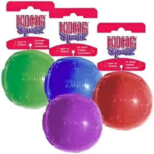 KONG Medium Squeezz Ball toy in green, purple, red with recessed squeaker