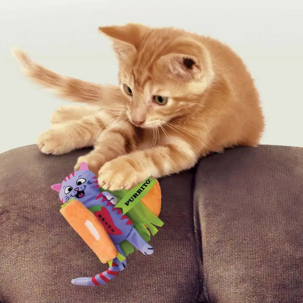 KONG Pull-A-Partz Purrito plush toy with colorful design for pounce fun and hunting instincts
