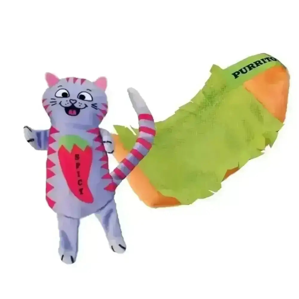 KONG Pull-A-Partz Purrito plush toy with cat shape, spicy text, purple and pink accents for hunting instincts and pounce fun