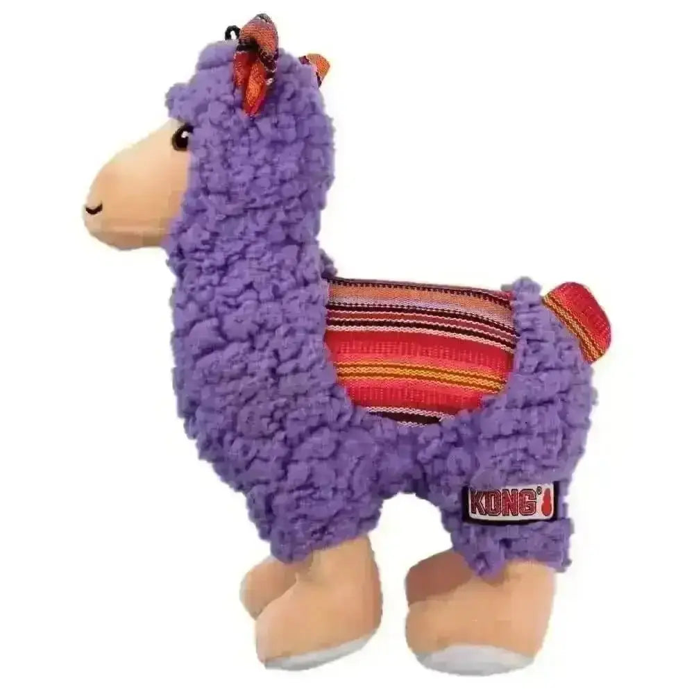 KONG Sherps Llama Medium plush toy with purple fur and colorful striped sweater
