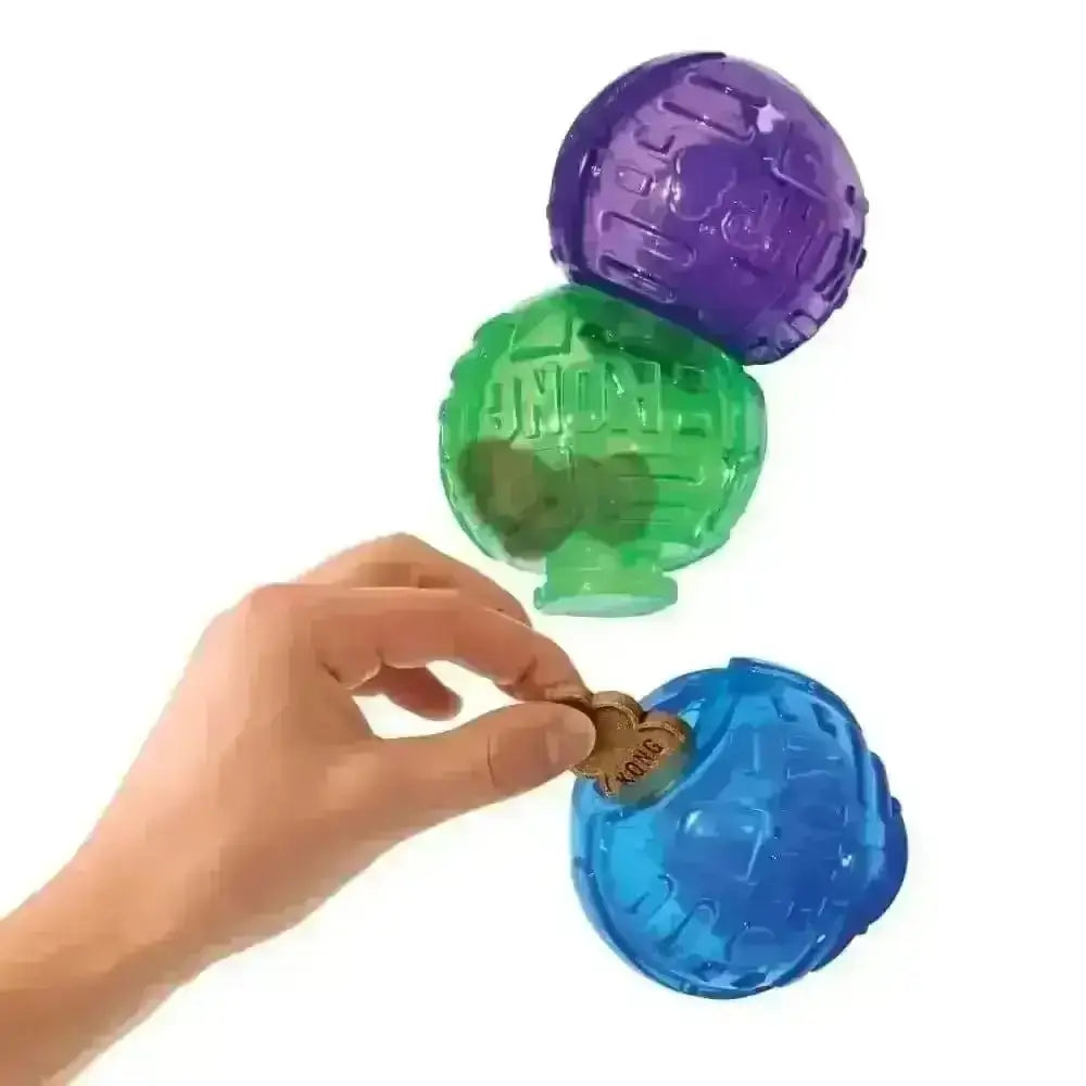 KONG Small Lock-It clear plastic brain-shaped treat puzzle toy with coin