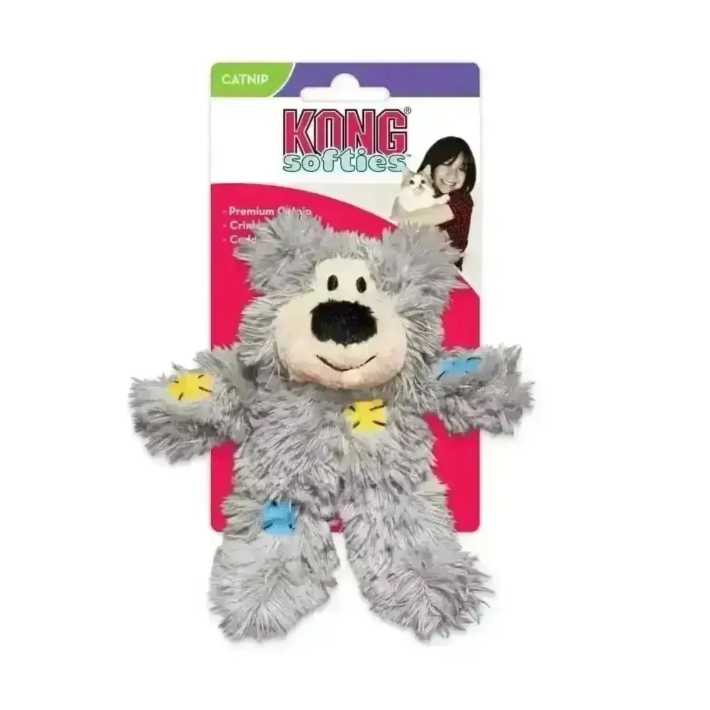 KONG Softies Patchwork Bear soft toy with catnip, gray plush and colorful star paws