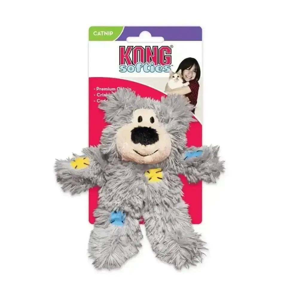 KONG Softies Patchwork Bear soft toy with catnip, gray plush and colorful star paws