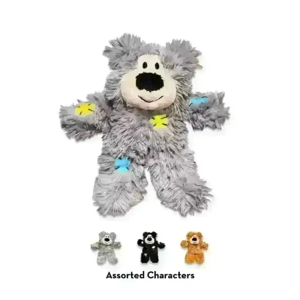 Plush gray KONG Softies Patchwork Bear toy with yellow and blue accents for children