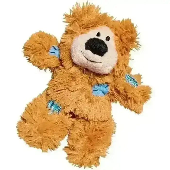 KONG Softies Patchwork Bear plush toy with brown fur and blue accents for children