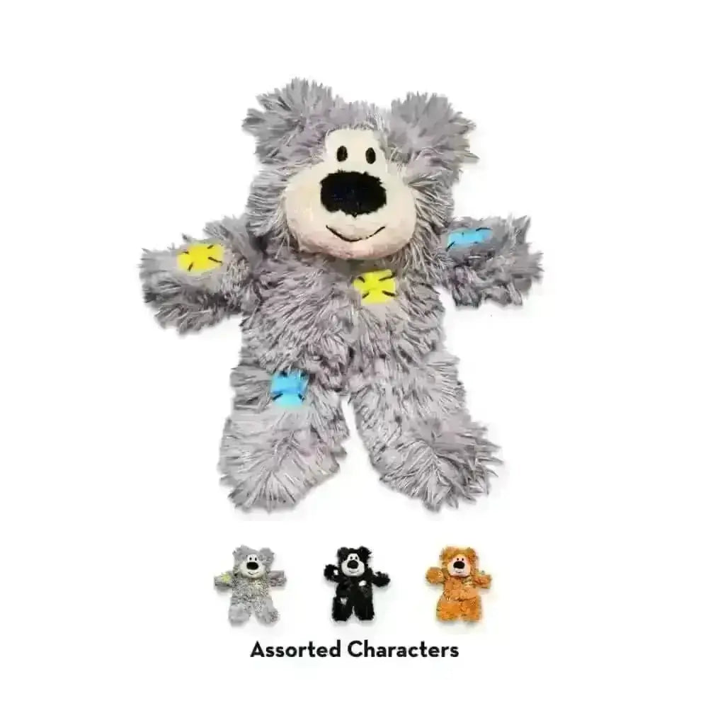 Plush gray KONG Softies Patchwork Bear toy with yellow and blue accents for children