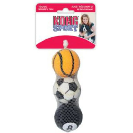Dog toy with basketball, soccer ball, and pool ball design on a KONG Sport packaging.
