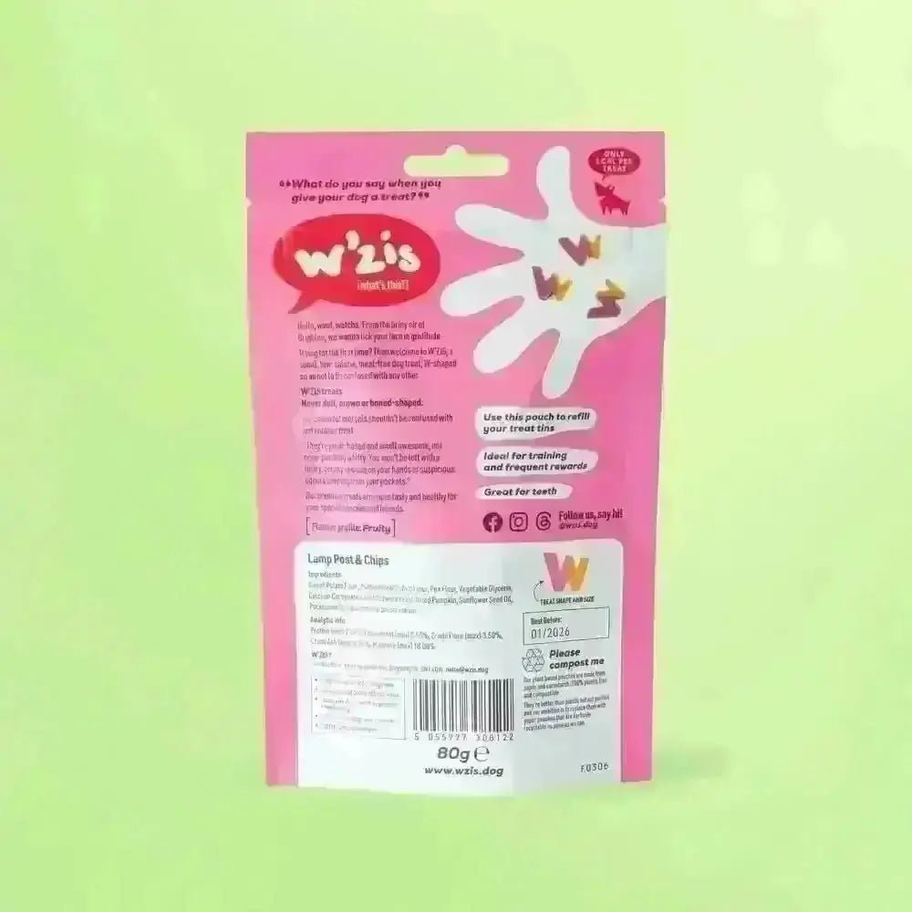 Pink pouch of Lamp Post & Chips dog treats with sweet potato snacks in firm texture