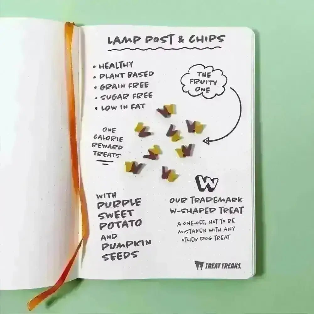 Purple and yellow w-shaped sweet potato dog treats from Lamp Post & Chips Pouch on notebook