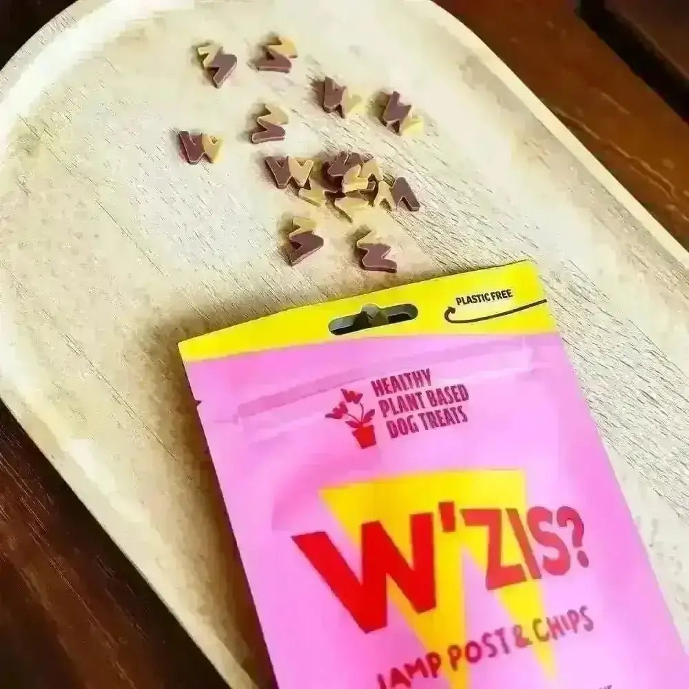 Pink and yellow Lamp Post & Chips pouch of plant-based dog treats with sweet potato and deliberately firm texture