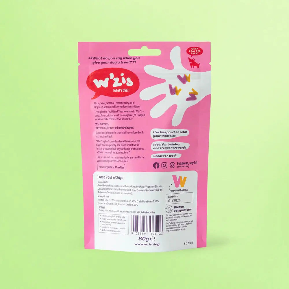 Pink pouch of Lamp Post & Chips dog treats with sweet potato snacks in firm texture