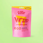 Pink and yellow Lamp Post & Chips pouch with sweet potato treats and firm texture