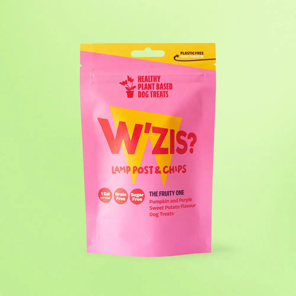 Pink and yellow Lamp Post & Chips pouch with sweet potato treats and firm texture