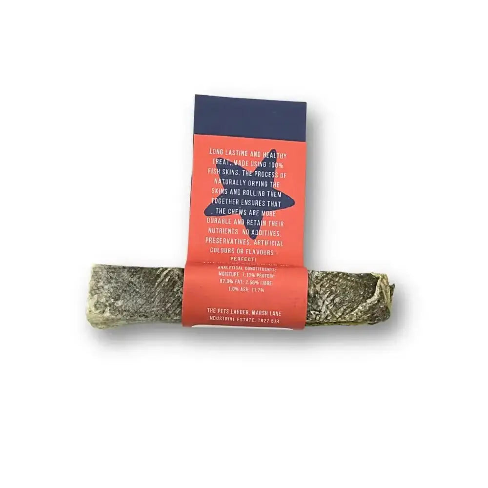 Pets Larder Fish natural dog chew: large fish stick chews in green seaweed roll with red packaging and blue label, 1kg bag