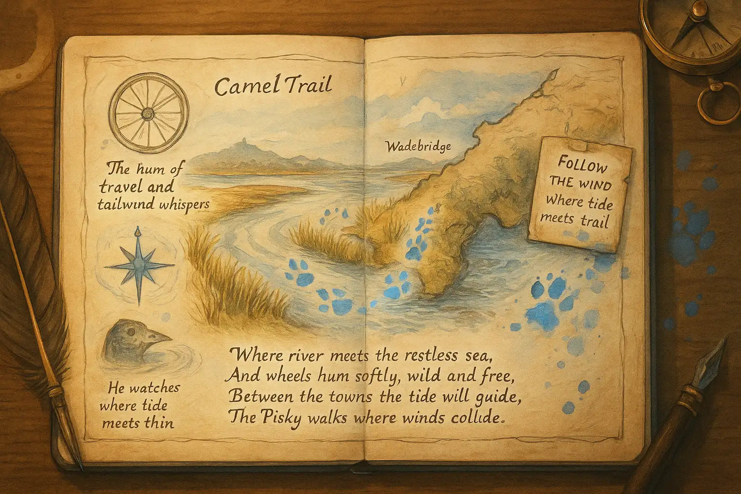 Leather-bound travel journal with a map of the carnel trail and illustrations.