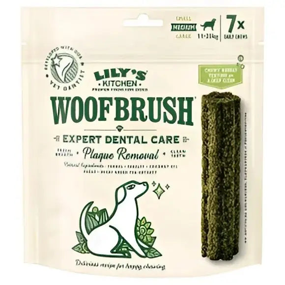 Lily’s Kitchen Woofbrush dental chews for dogs: green and brown sticks that fight plaque