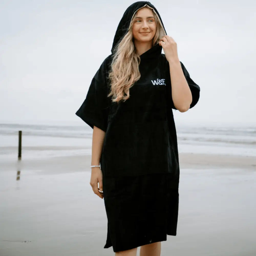 Black hooded beach towel robe with wave text design