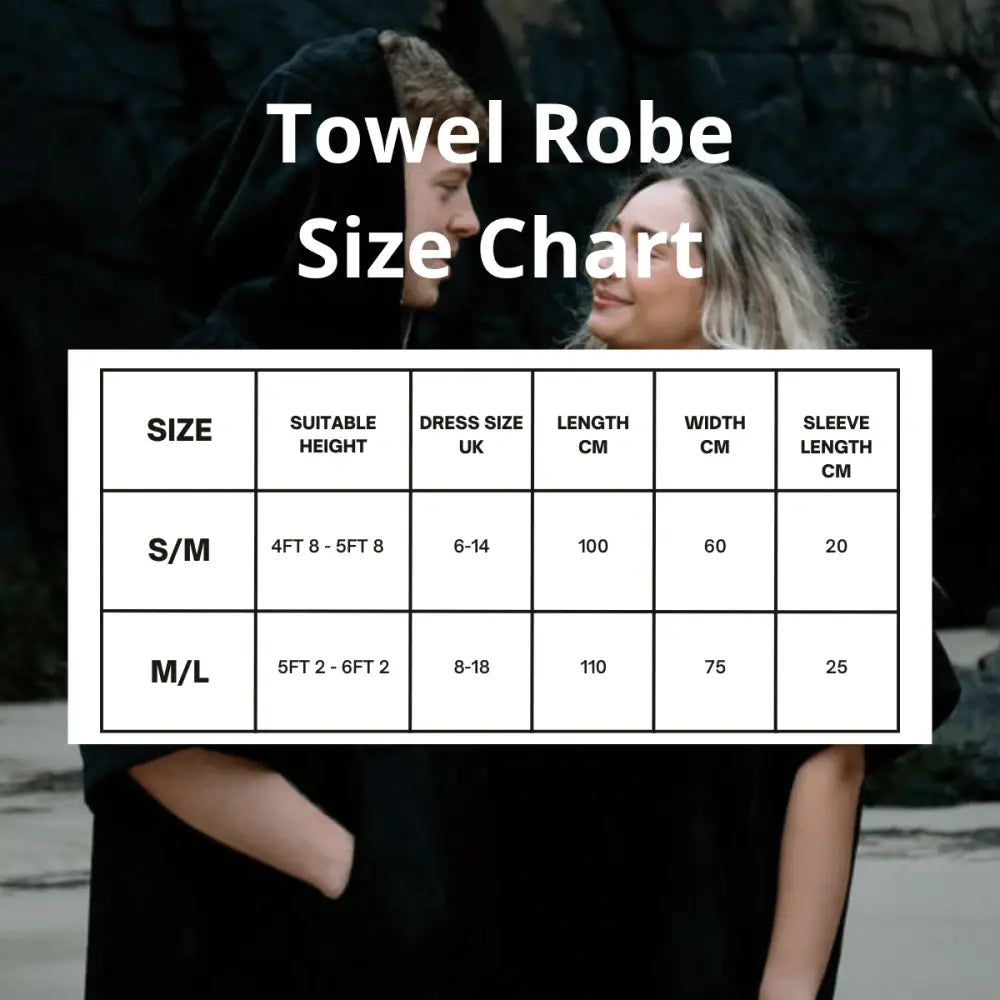 The Luxury Towel Robe: black hooded towel robe with drawstring and size chart