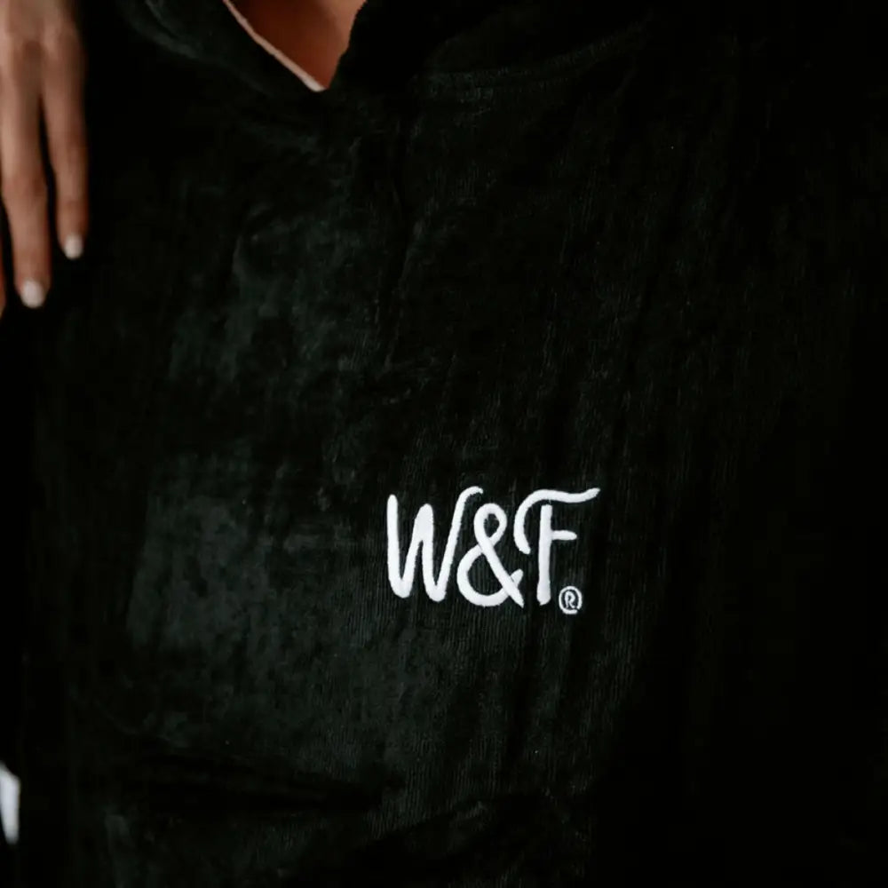 Black velour towel robe hoodie with white logo