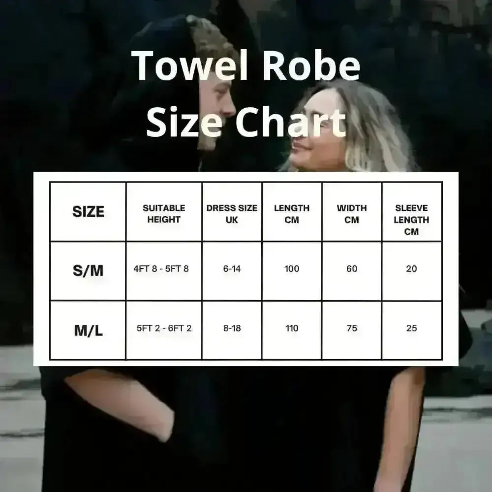 The Luxury Towel Robe: black hooded towel robe with drawstring and size chart