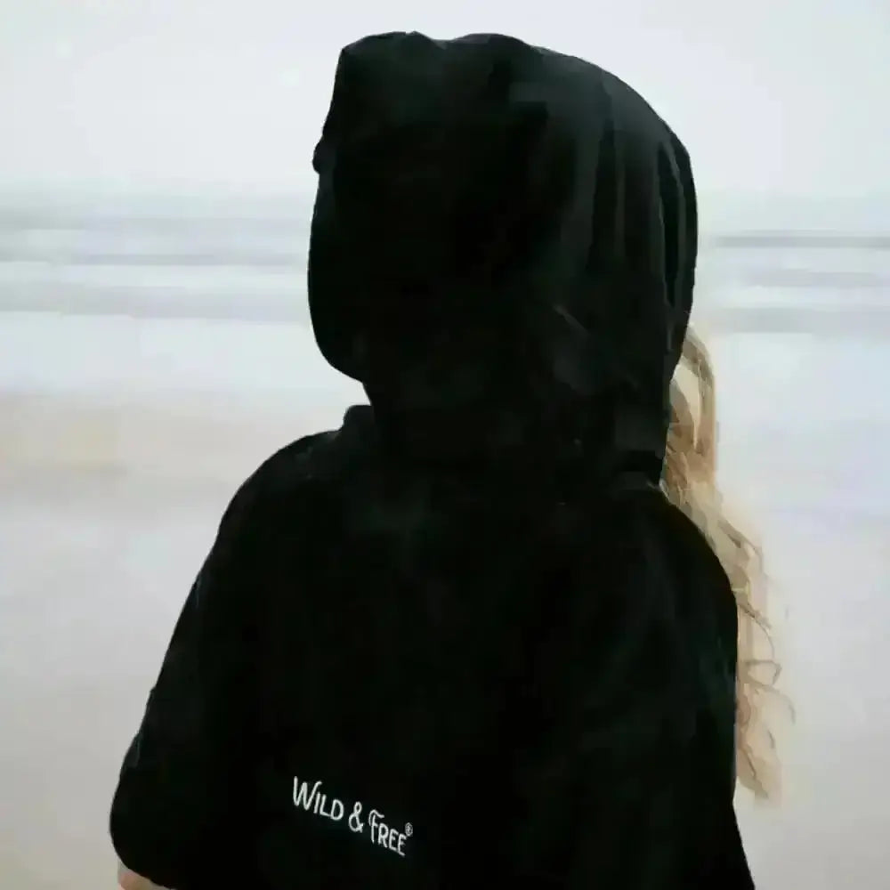 Black velvet wild and free hooded towel robe jacket with embroidered text