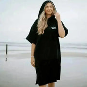 Black hooded beach towel robe with wave text design