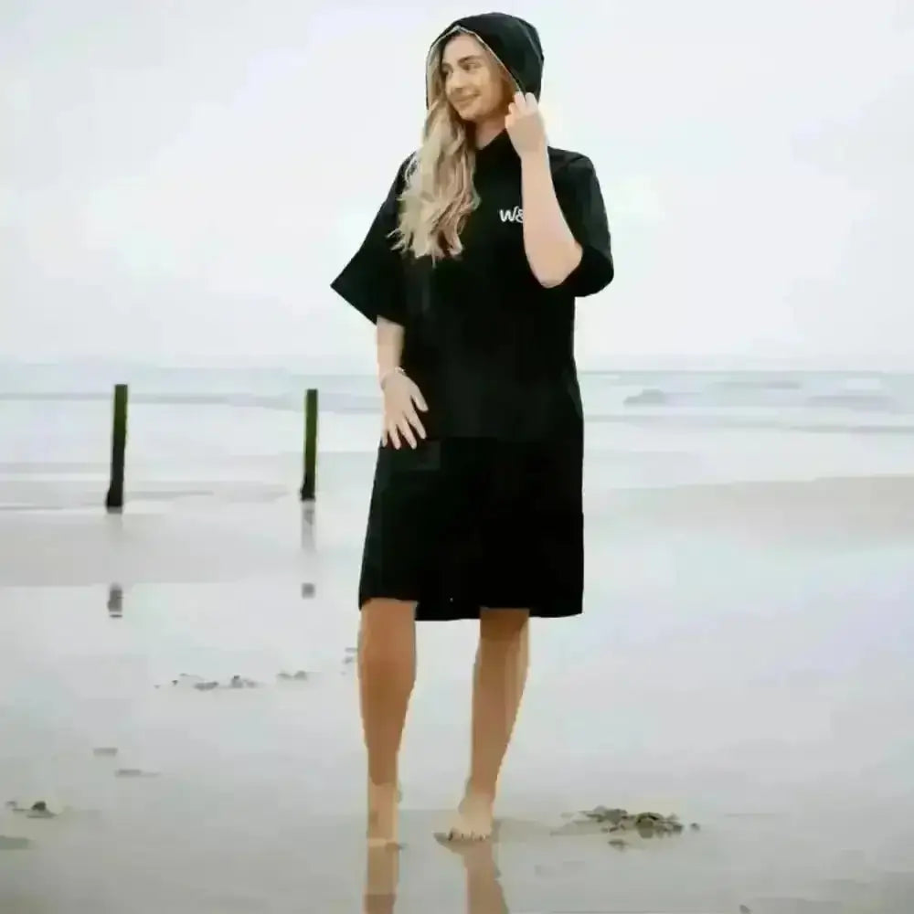 Black hooded towel robe with waves text design