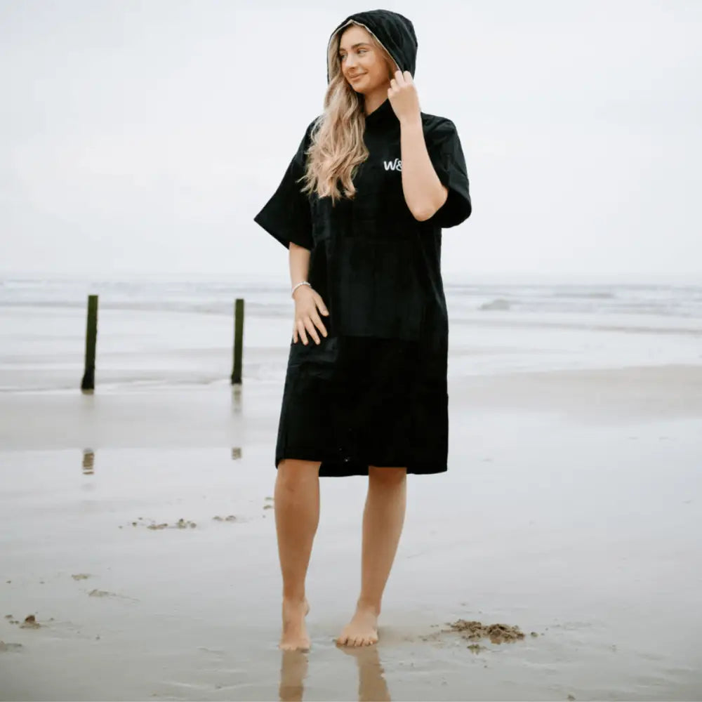 Black hooded towel robe with waves text design