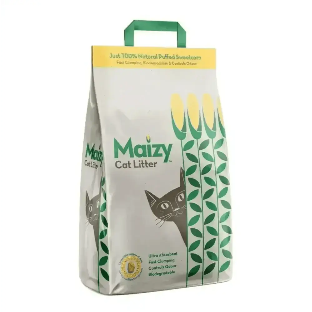Maizy Cat Litter 100% Natural 12L bag with green leaves and black cat design