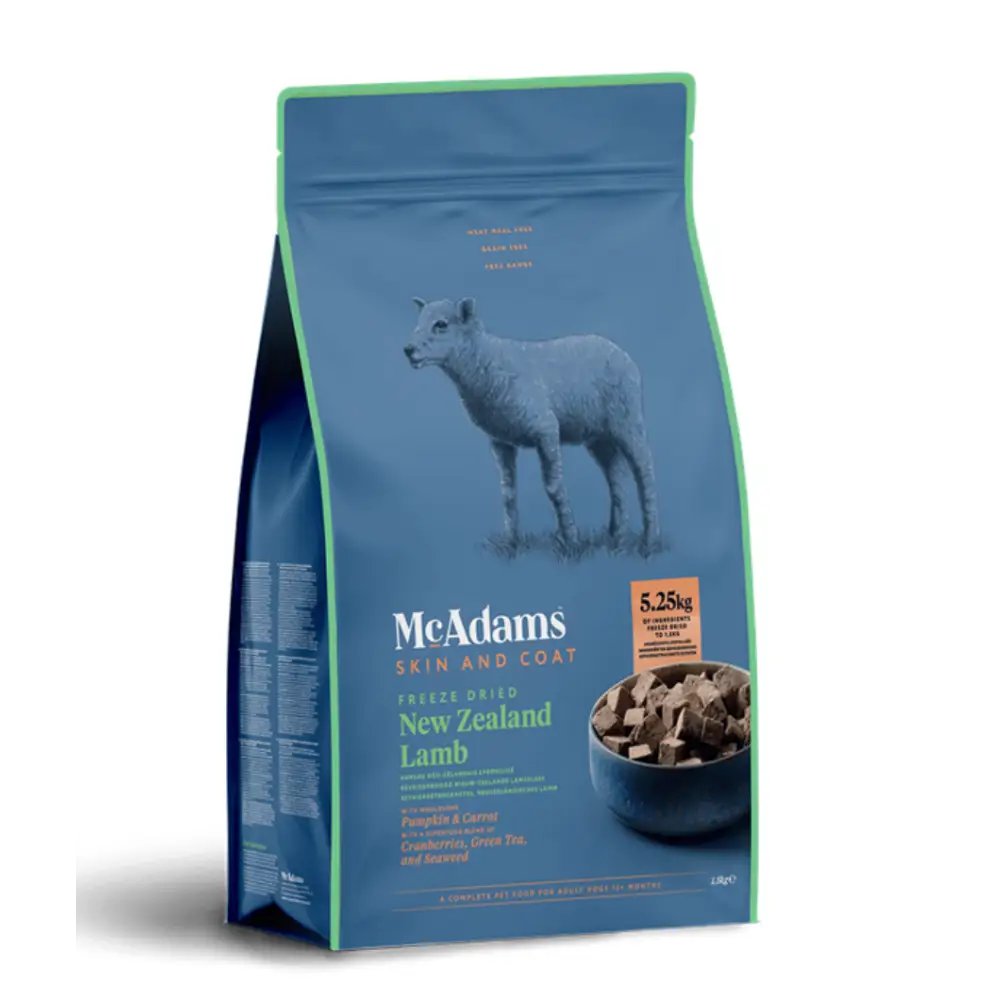 Blue bag of McAdams Skin and Coat Freeze Dried New Zealand Lamb dog food on a white background