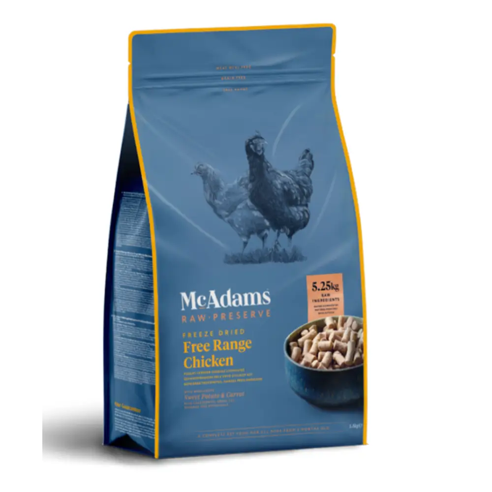 McAdams Raw Preserve Free Range Chicken sits on a white background